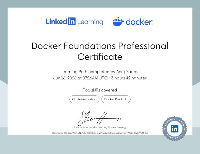 Docker Foundations Professional Certificate certificate issued by Docker & LinkedIn