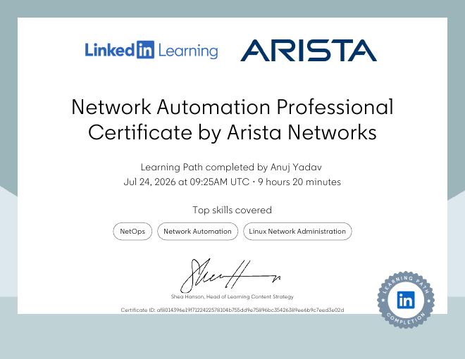 Network Automation Professional Certificate certificate issued by Arista Networks & LinkedIn