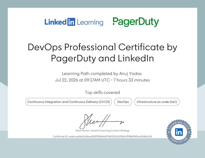DevOps Professional Certificate certificate issued by PagerDuty & LinkedIn
