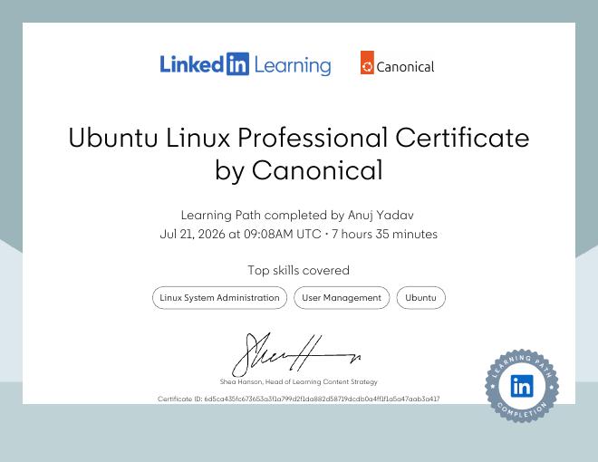 Ubuntu Linux Professional Certificate certificate issued by Canonical & LinkedIn